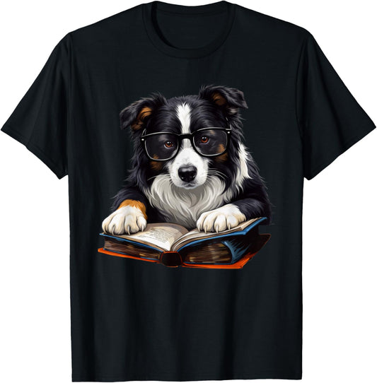 Cute Dog Border Collie Reading Book T-Shirt - T-Shirt | Black