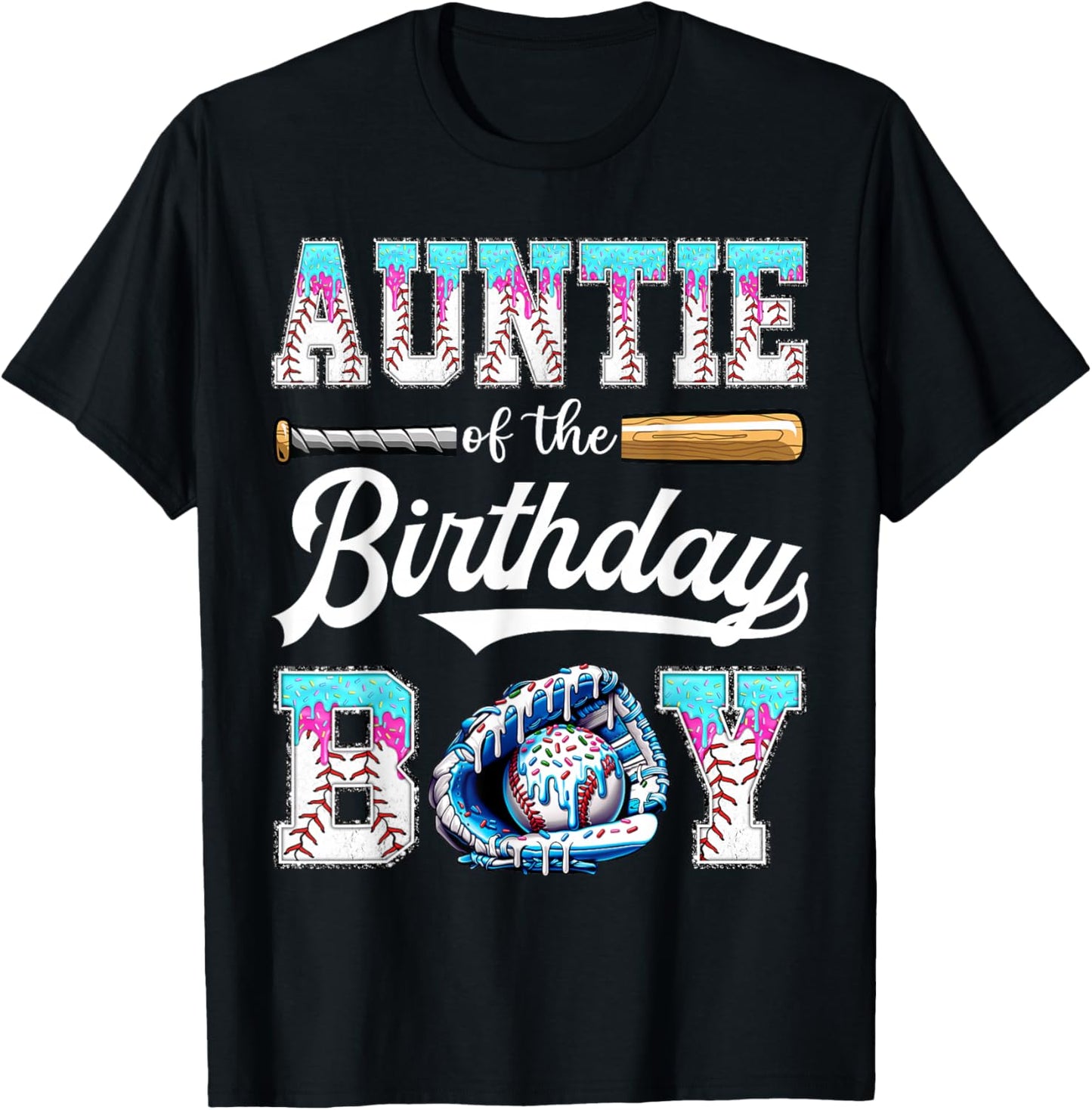 Auntie of The Birthday Boy Baseball Ice Cream Drip Matching T-Shirt - T-Shirt | Black