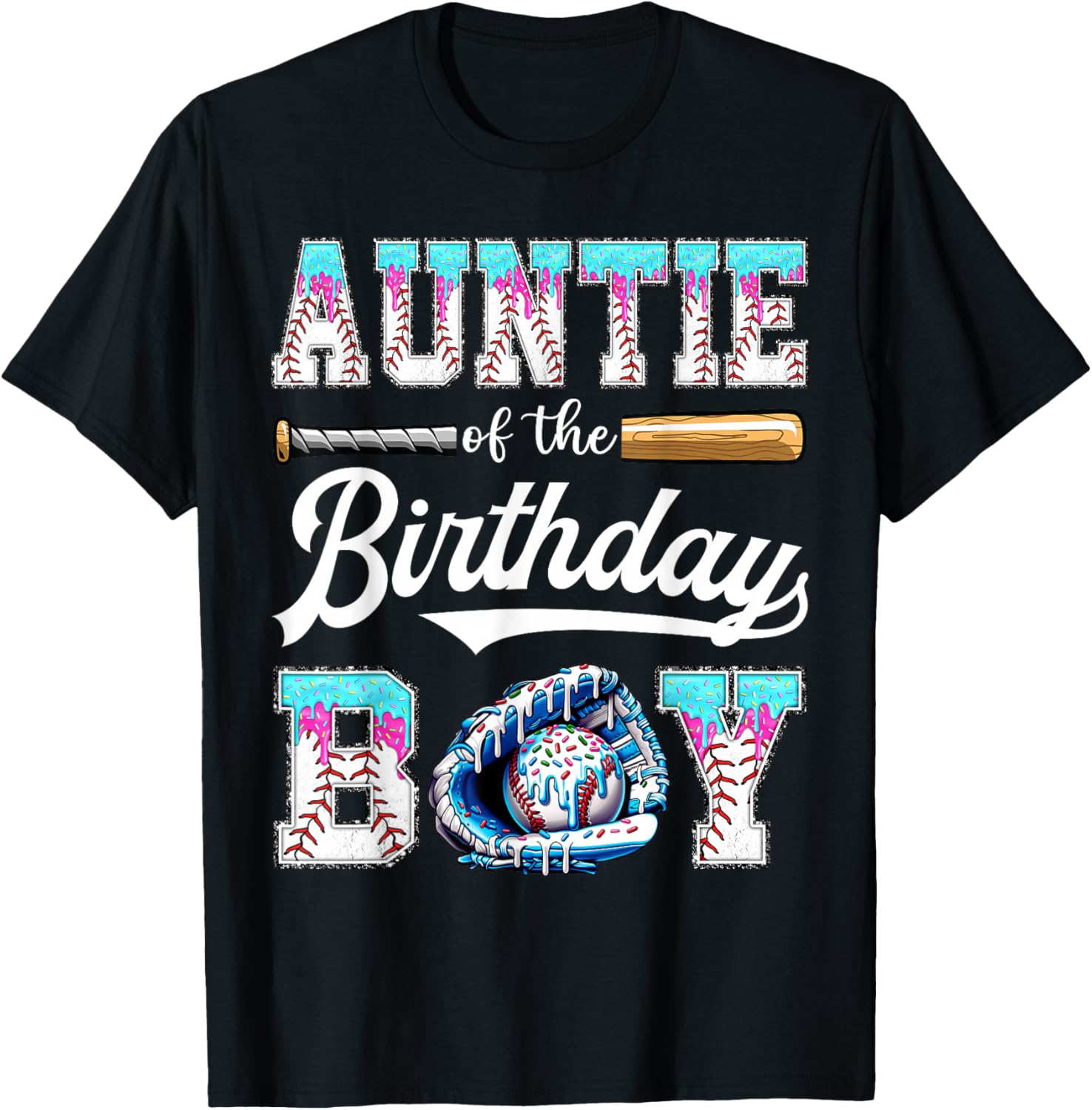 Auntie of The Birthday Boy Baseball Ice Cream Drip Matching T-Shirt - T-Shirt | Black