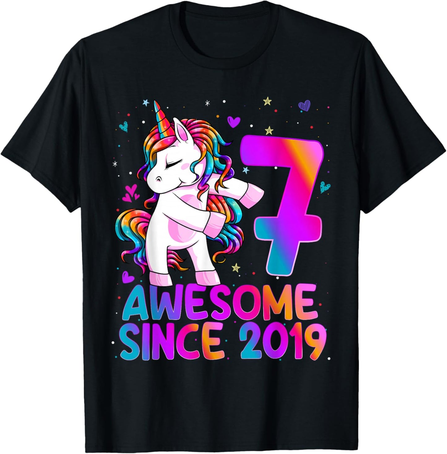 7 Year Old Girl Awesome Since 2019 Unicorn 7th Birthday Girl T-Shirt - T-Shirt | Black