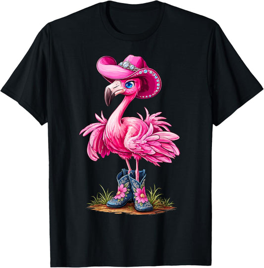 Pink Flamingo Tropical Bird Western Country Cowgirl Boots T-Shirt - T-Shirt | Black