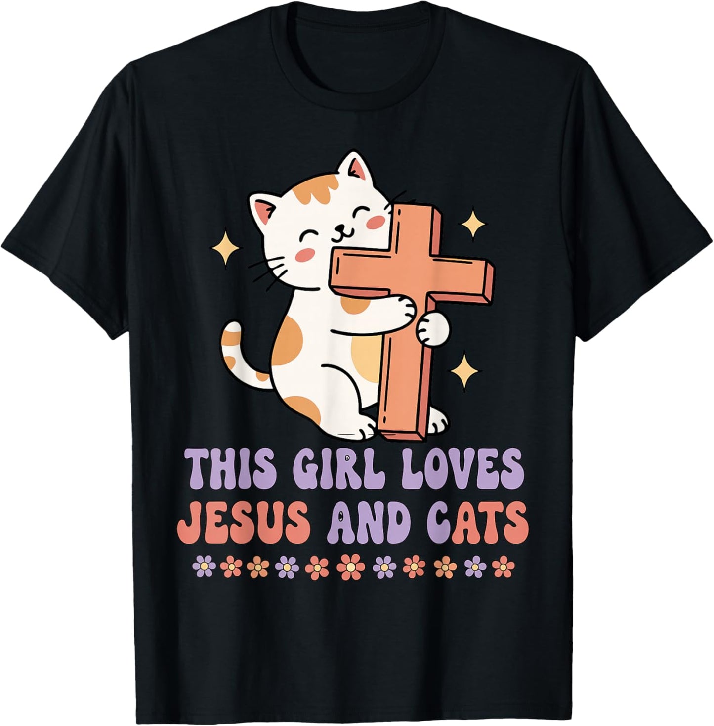 Christian This Girl Loves Jesus and Cats Cat Hugging Cross T-Shirt - T-Shirt | Black