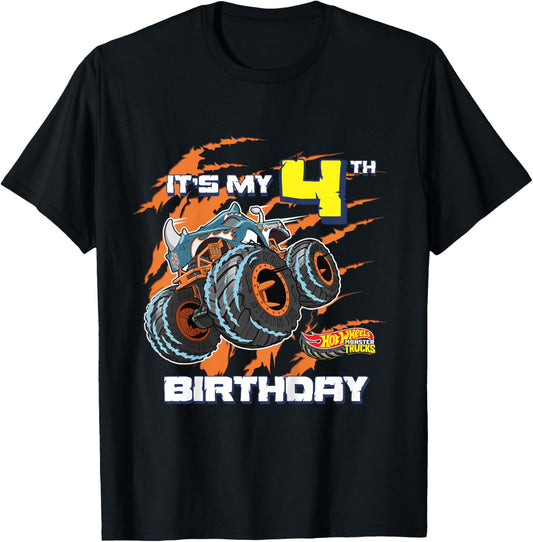 Kids Hot Wheels Monster Trucks - It's My 4th Birthday T-Shirt - T-Shirt | Black