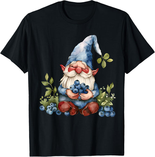 Blueberry Gnome Watercolor Artwork Nature Blueberries T-Shirt - T-Shirt | Black
