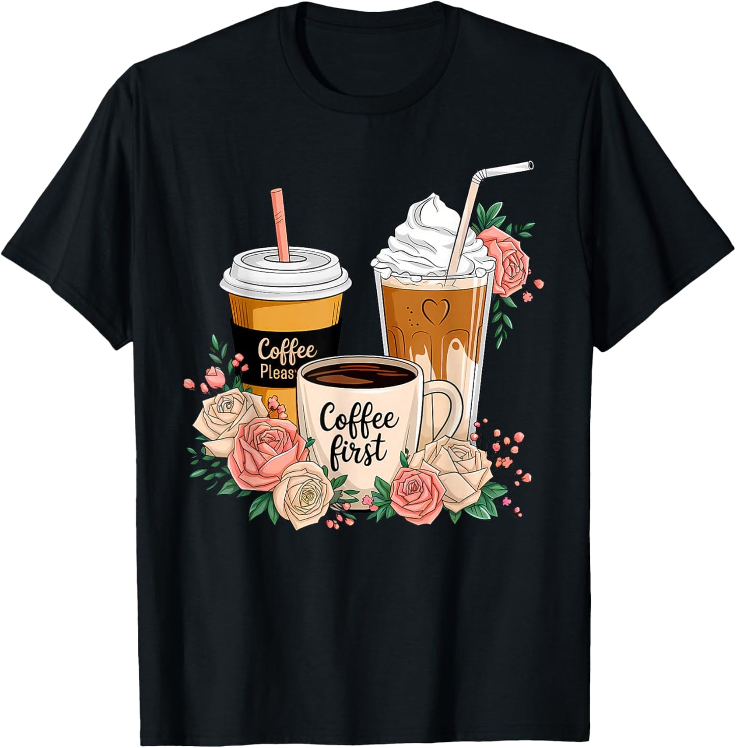 Floral Coffee Cup Iced Latte With Spring Flowers T-Shirt - T-Shirt | Black