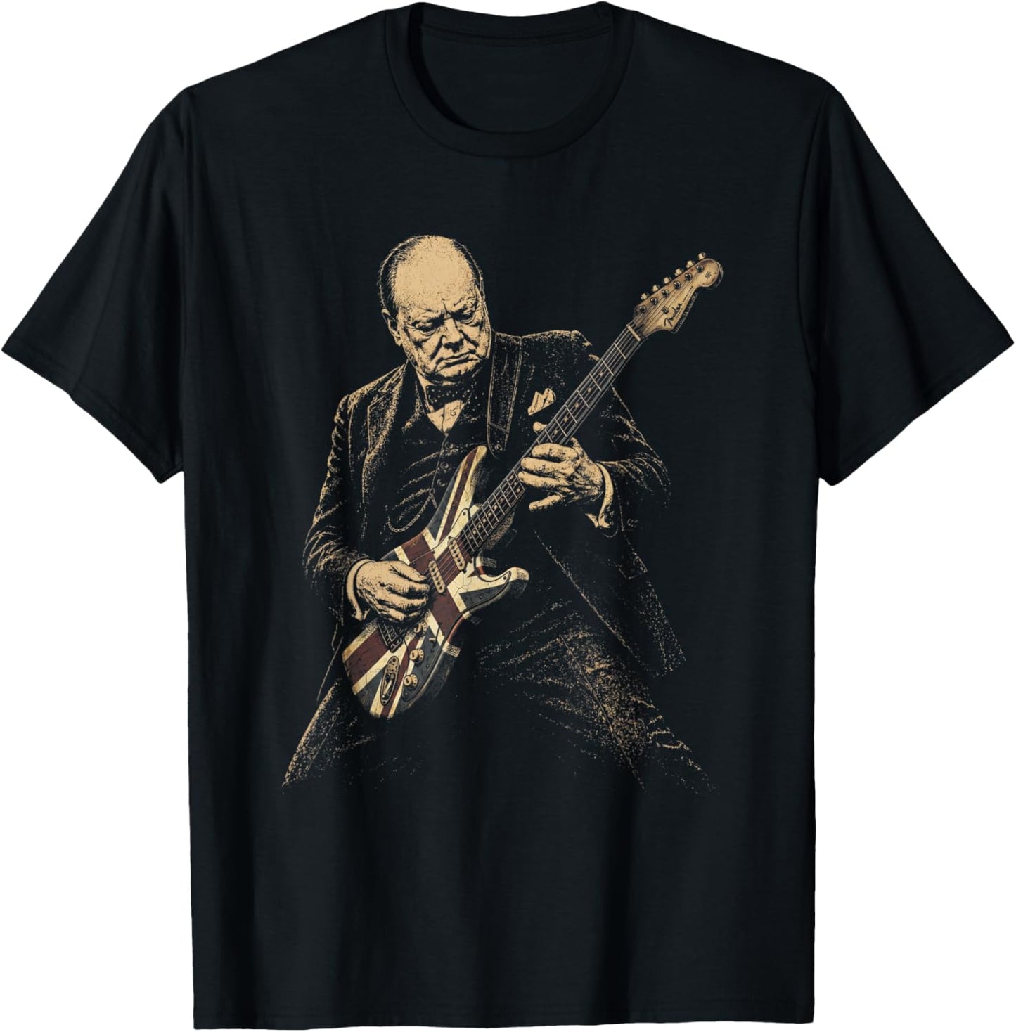 Winston Churchill Playing Guitar Rocker Humor Vintage T-Shirt - T-Shirt | Black