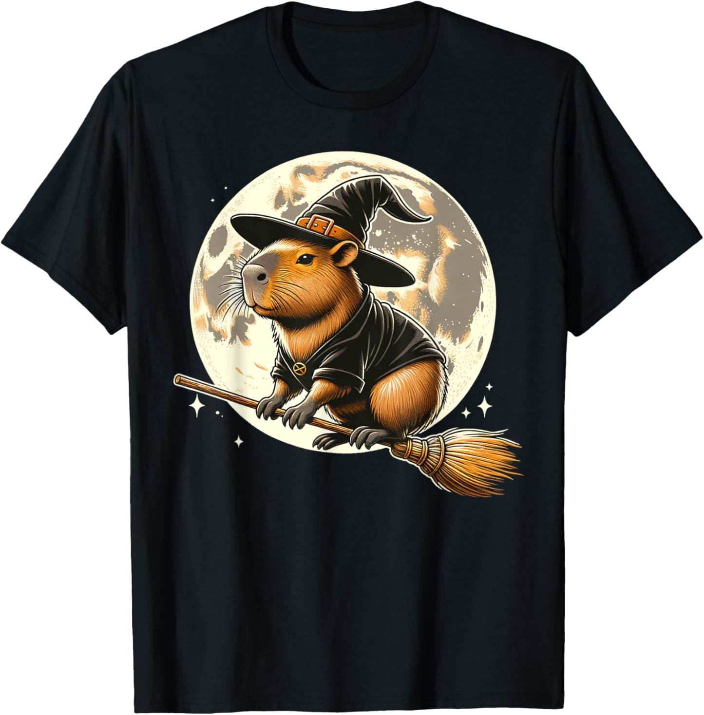 Funny Capybara Rides a Witch's Broom Halloween Spooky Vides T-Shirt - T-Shirt | Black