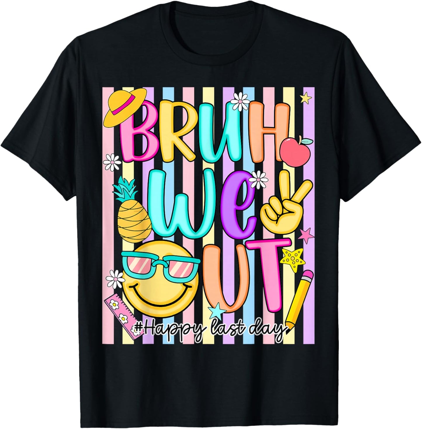 Bruh We Out Striped Last Day of School Teacher Kids Funny T-Shirt - T-Shirt | Black