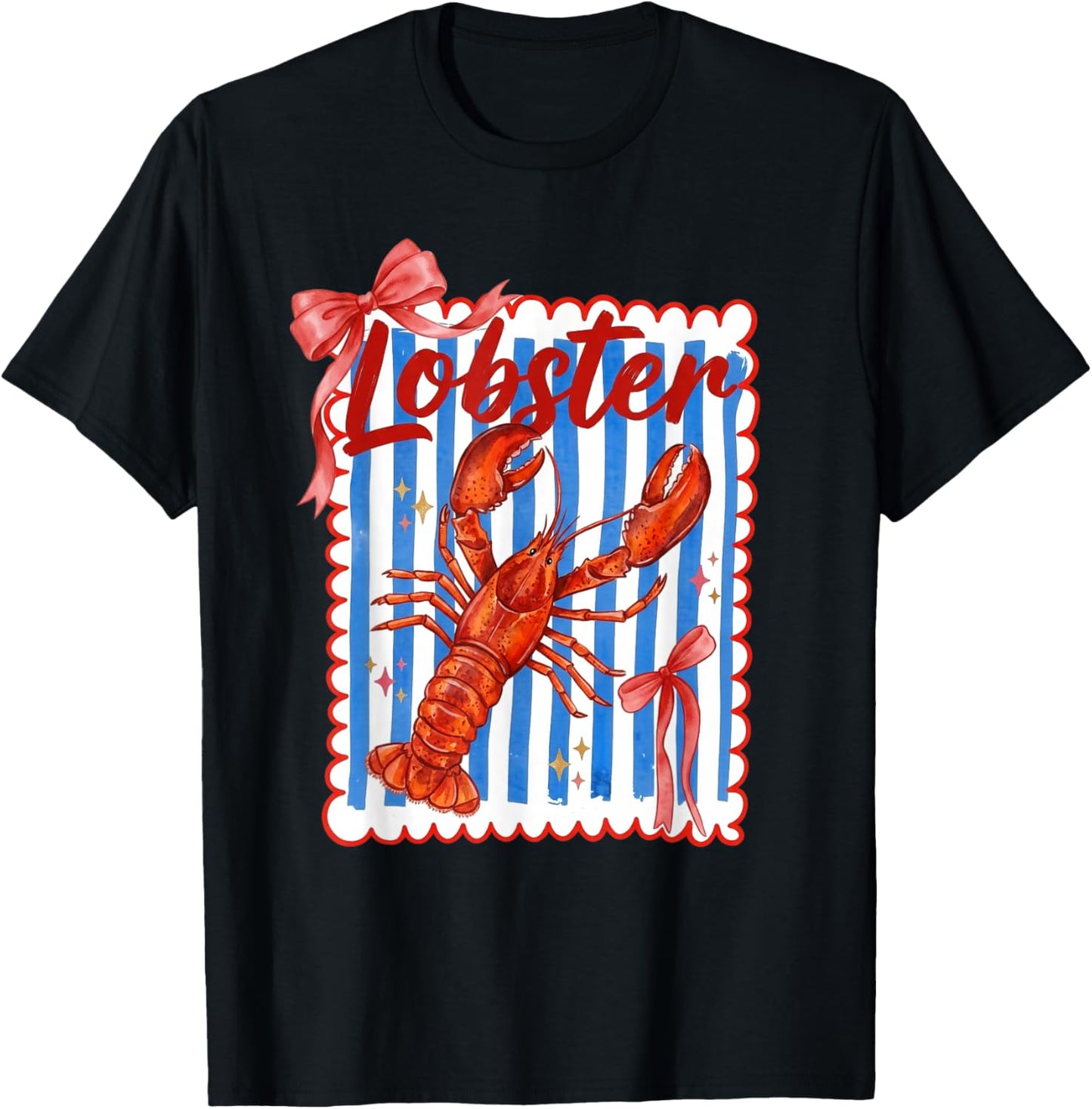 Lobster Red Bow Preppy Coquette Blue White Stripes Coastal T-Shirt - T-Shirt | Black