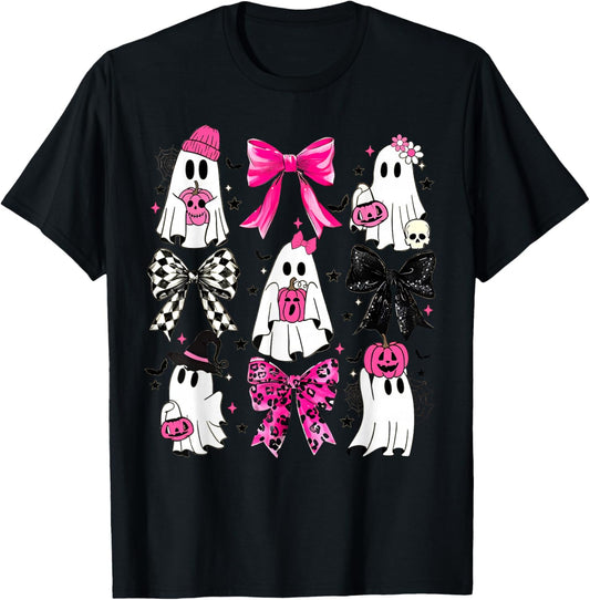 Cute Ghost Coquette Aesthetic Pink Bows Spooky Season Girl T-Shirt - T-Shirt | Black