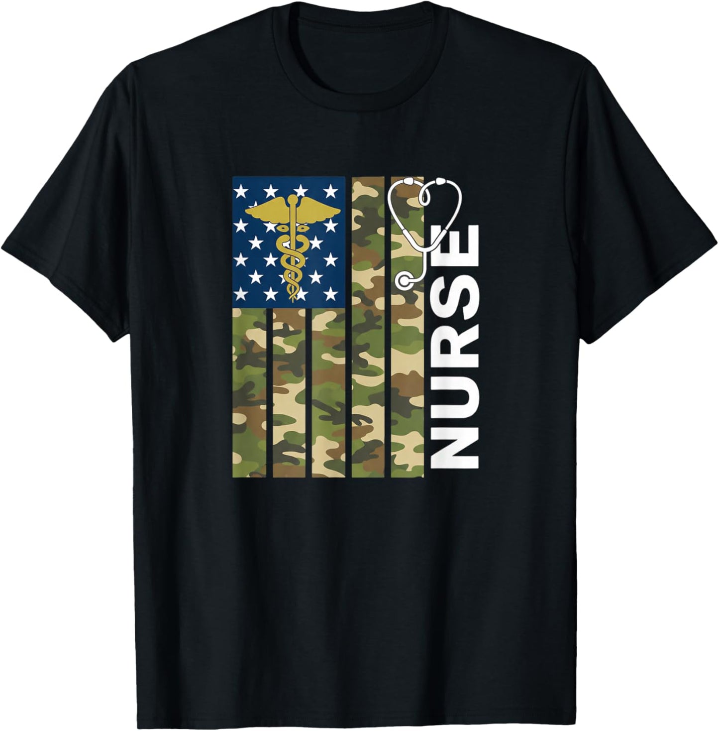Nurse Camo American Flag Stethoscope Military Veteran Nurse T-Shirt - T-Shirt | Black