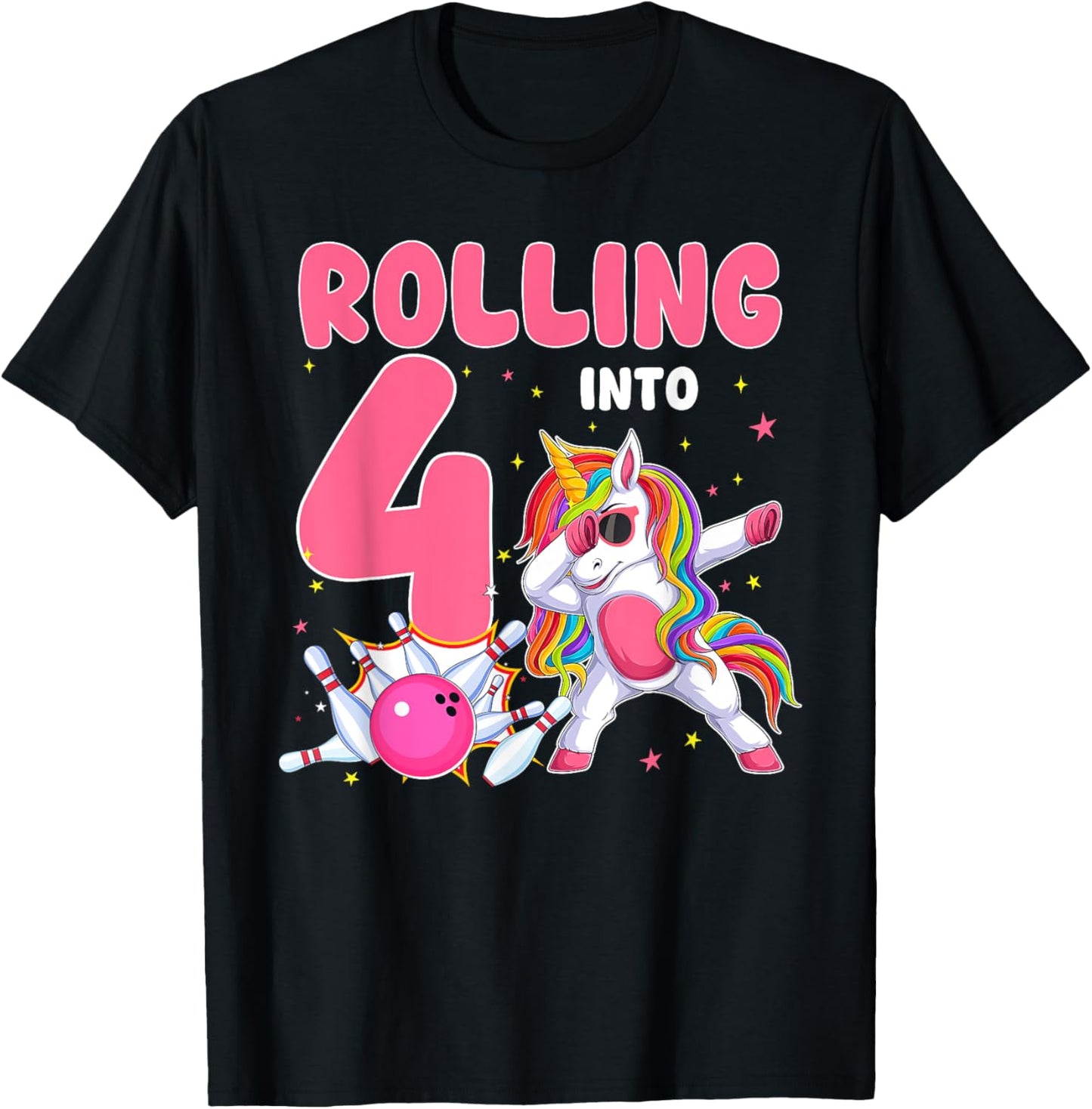 Rolling Into 4 4th Birthday Unicorn Bowling 4 Year Old T-Shirt - T-Shirt | Black
