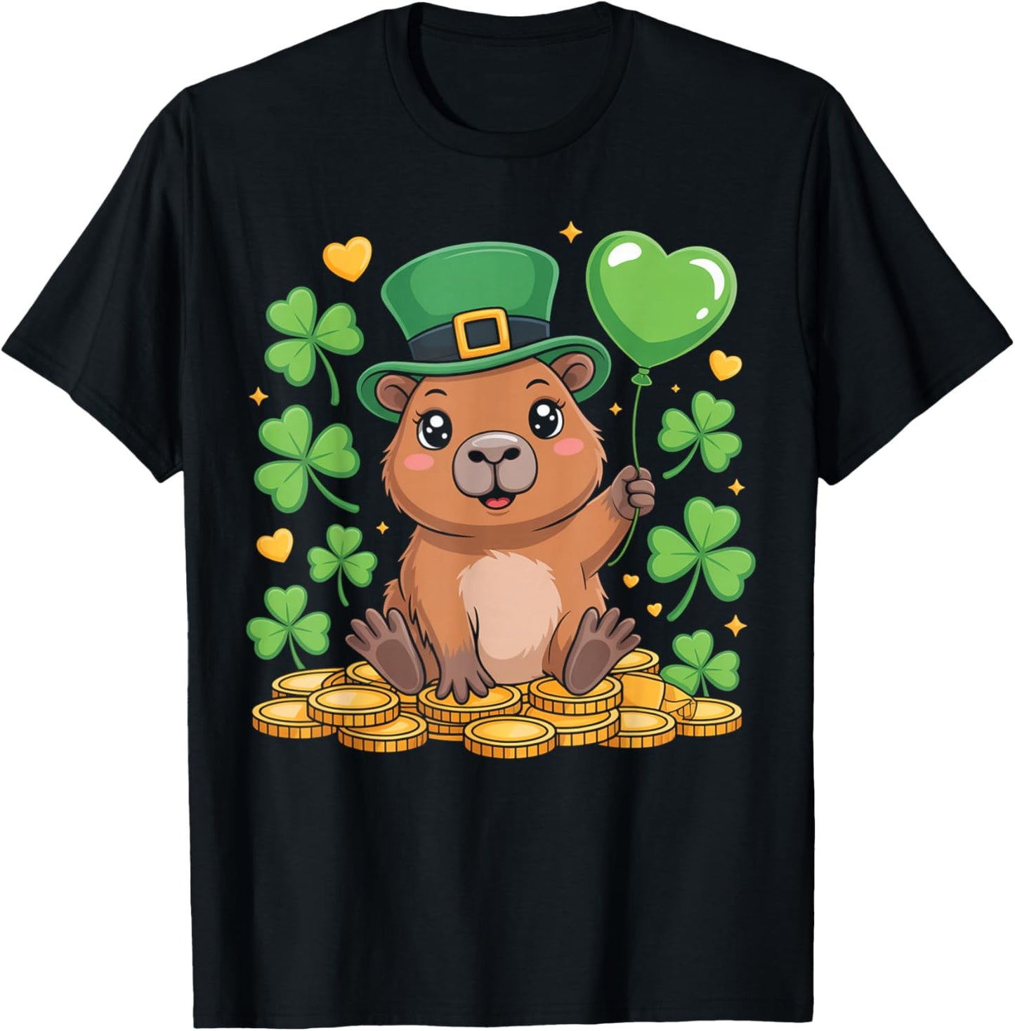 Lucky Capybara St Patricks Day Clover T-Shirt - T-Shirt | Black