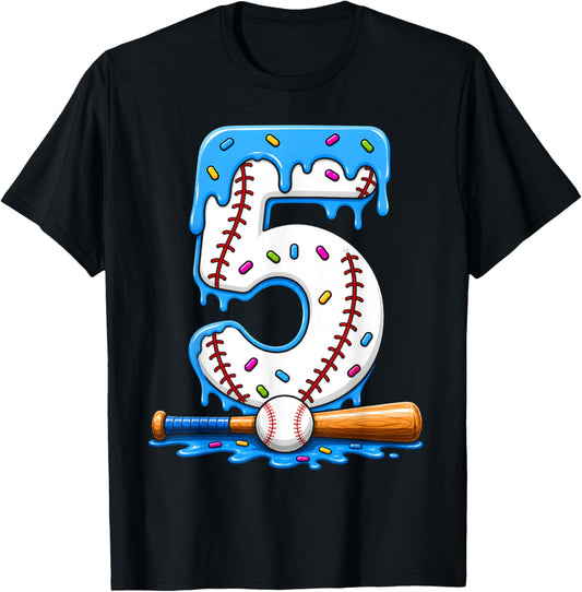 5th Birthday Boy Baseball Ice Cream Drip 5 Year Old Party T-Shirt - T-Shirt | Black
