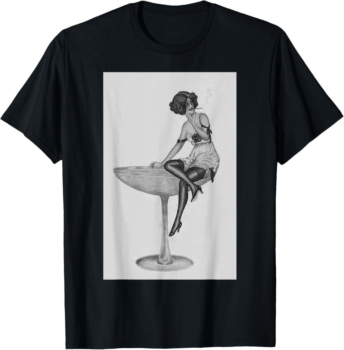 1920's Flapper Girl in Pink Dress - Retro Cocktail Aesthetic T-Shirt - T-Shirt | Black