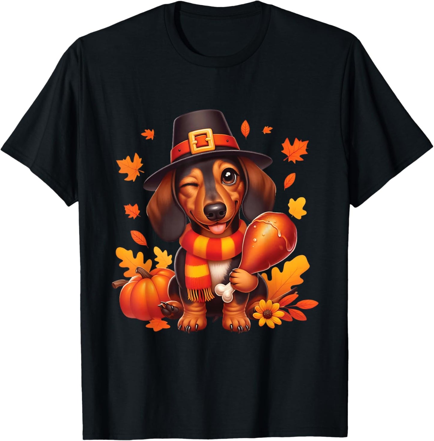 Dachshund Pilgrim Happy Thanksgiving Dog Men Women Girl Boy T-Shirt - T-Shirt | Black