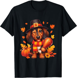 Dachshund Pilgrim Happy Thanksgiving Dog Men Women Girl Boy T-Shirt - T-Shirt | Black