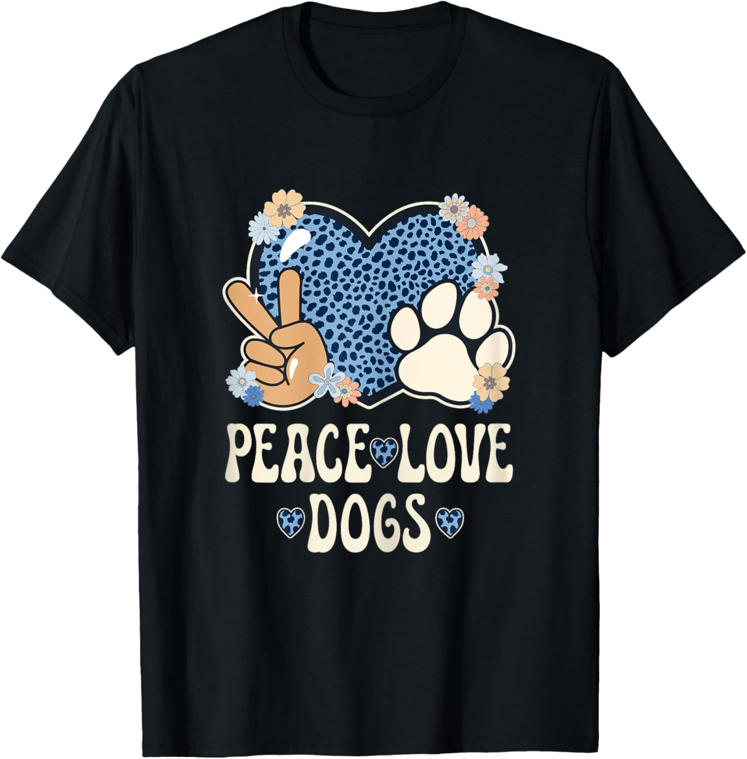 Peace Love Dogs Cheetah Print Women Girl Dog Owner Dog Lover T-Shirt - T-Shirt | Black