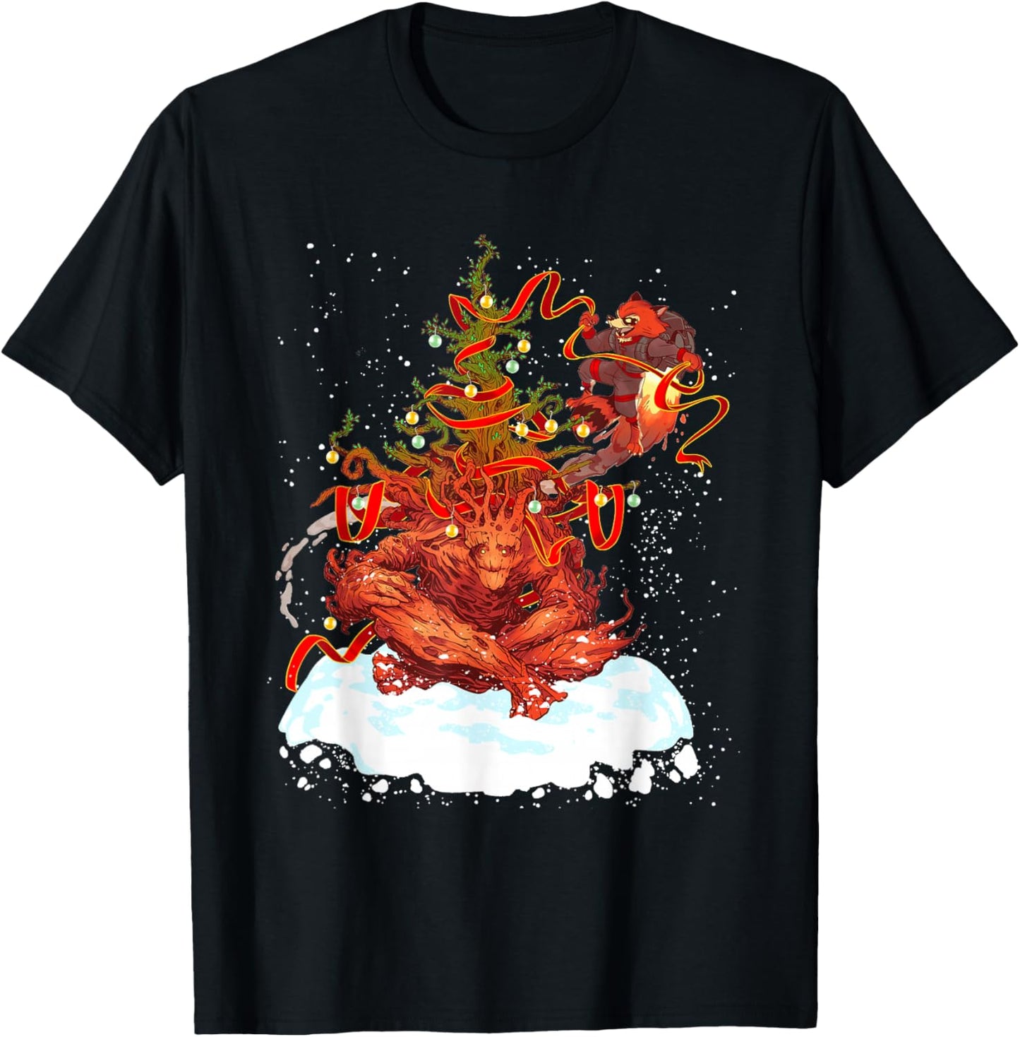 Marvel Rocket and Groot Holiday Christmas Tree Guardians T-Shirt - T-Shirt | Black