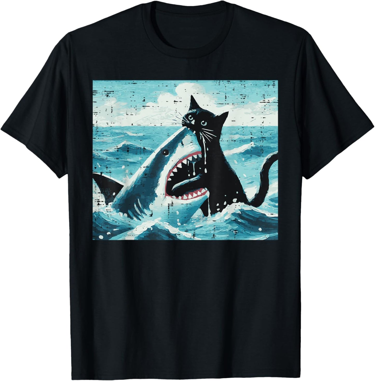 Black Cat Biting Shark Funny Kitten Kitty Art Men Women Kids T-Shirt - T-Shirt | Black