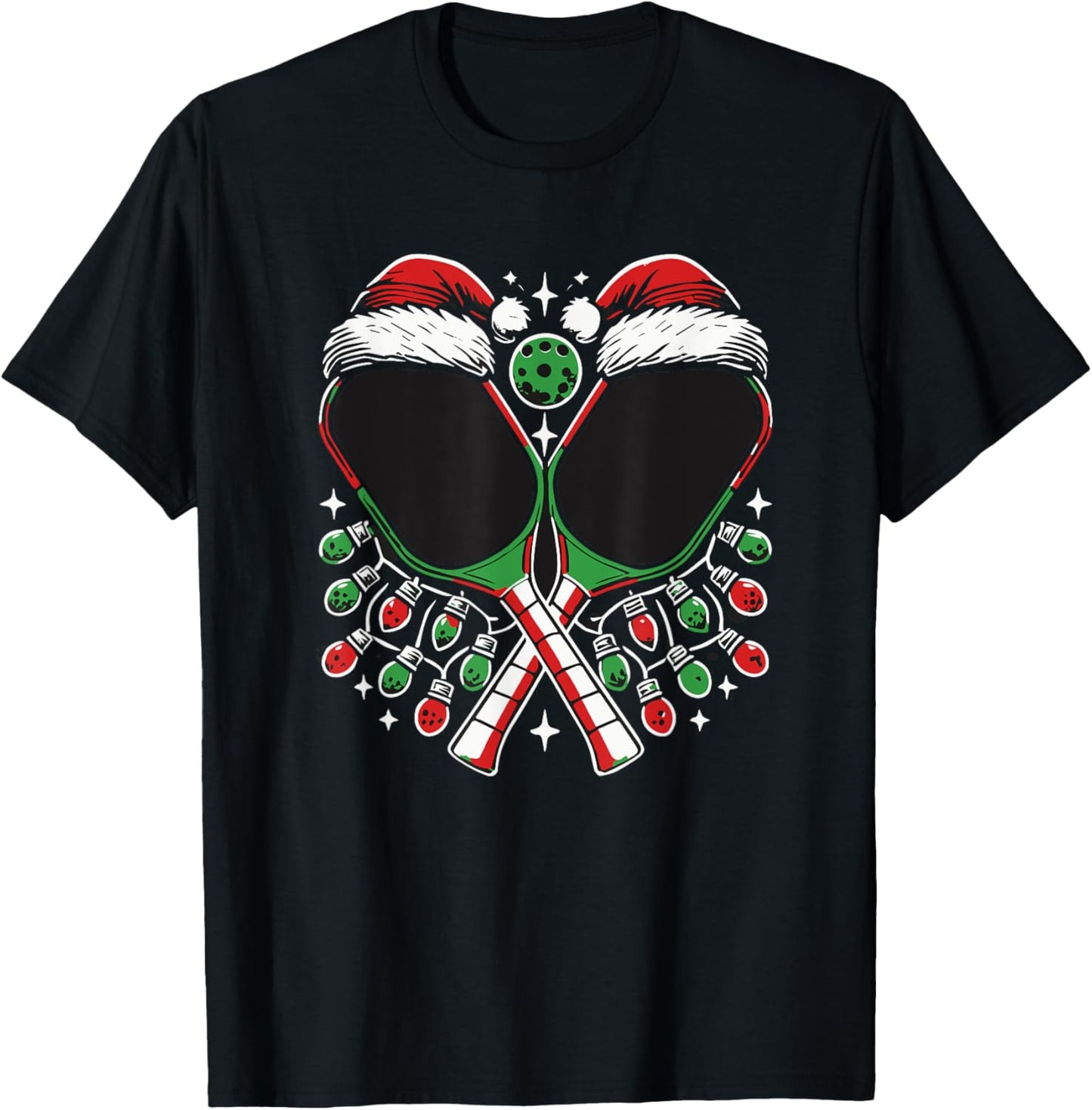 Christmas Pickleball Paddle with Santa Hat Xmas Lights T-Shirt - T-Shirt | Black
