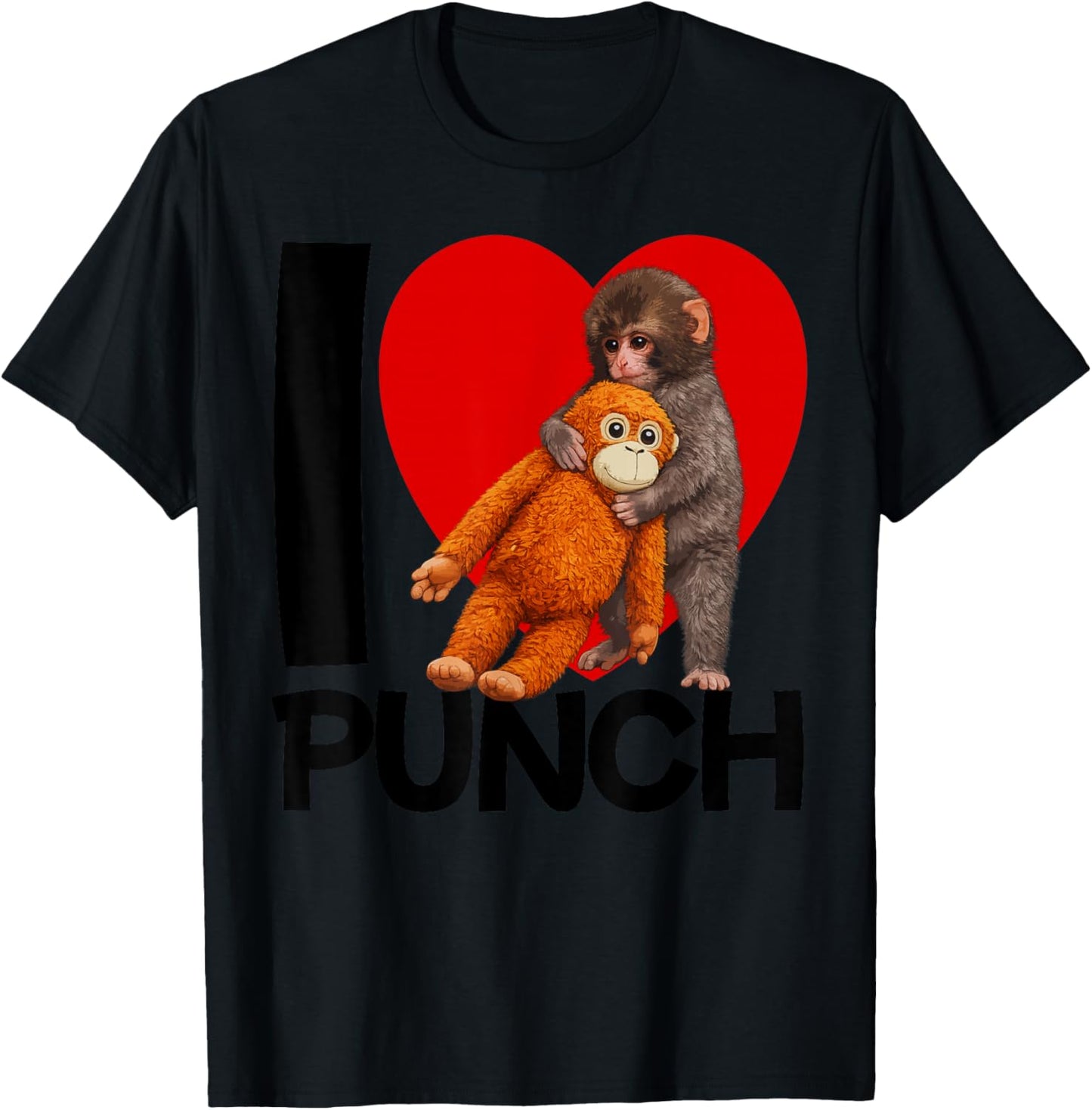 Cute Baby Monkey Heart Named I Love Punch Plush Hug T-Shirt - T-Shirt | Black