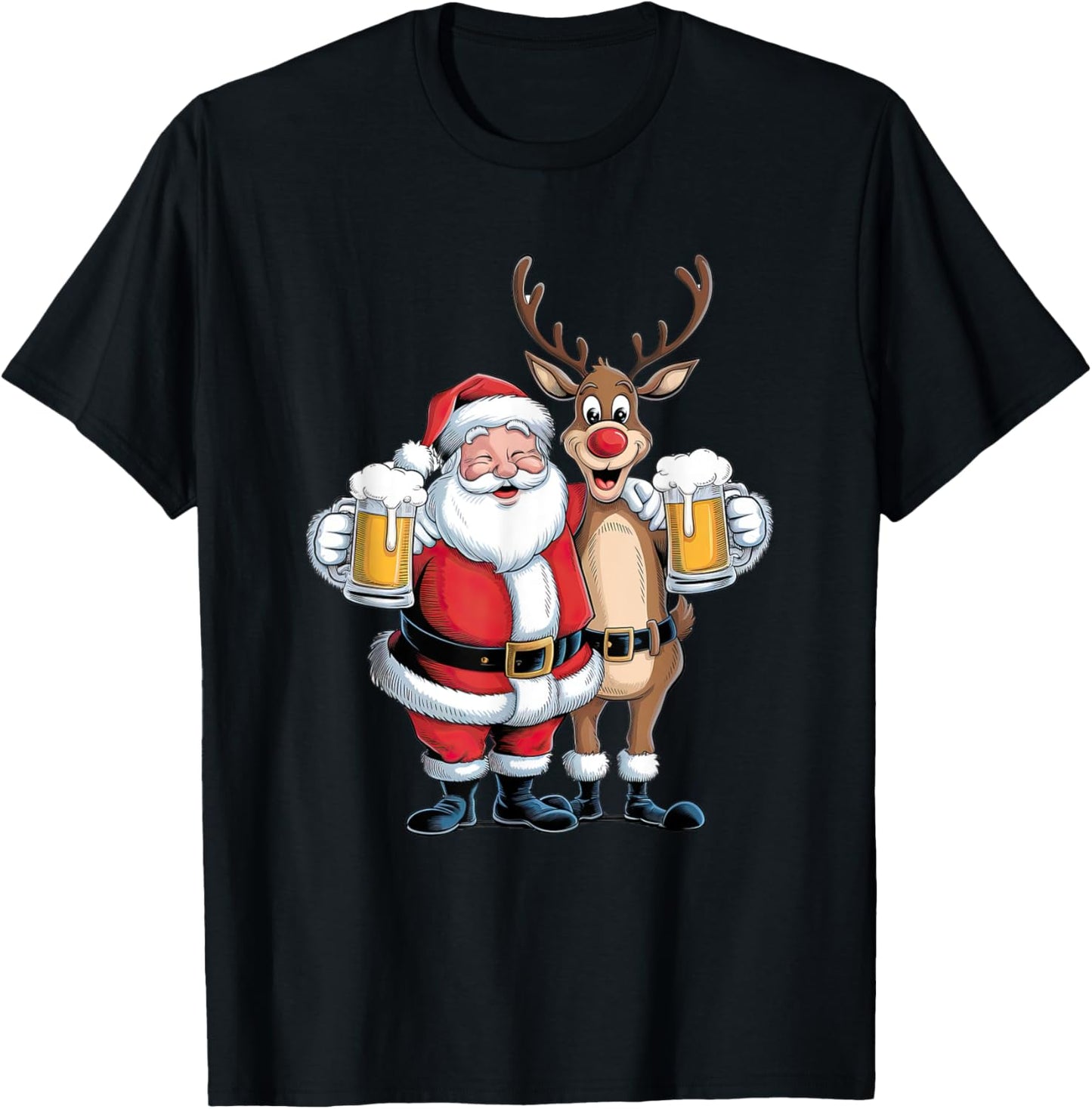 Santa Having a Beer with Reindeer. Funny Xmas Holidays T-Shirt - T-Shirt | Black