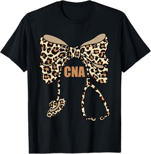 Cute Leopard Stethoscope Coquette Bow CNA Certified Nursing T-Shirt - T-Shirt | Black