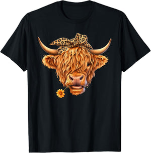 Cute Highland Cow Leopard Bow Bandana Western Cowboy Cowgirl T-Shirt - T-Shirt | Black