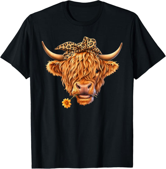 Cute Highland Cow Leopard Bow Bandana Western Cowboy Cowgirl T-Shirt - T-Shirt | Black