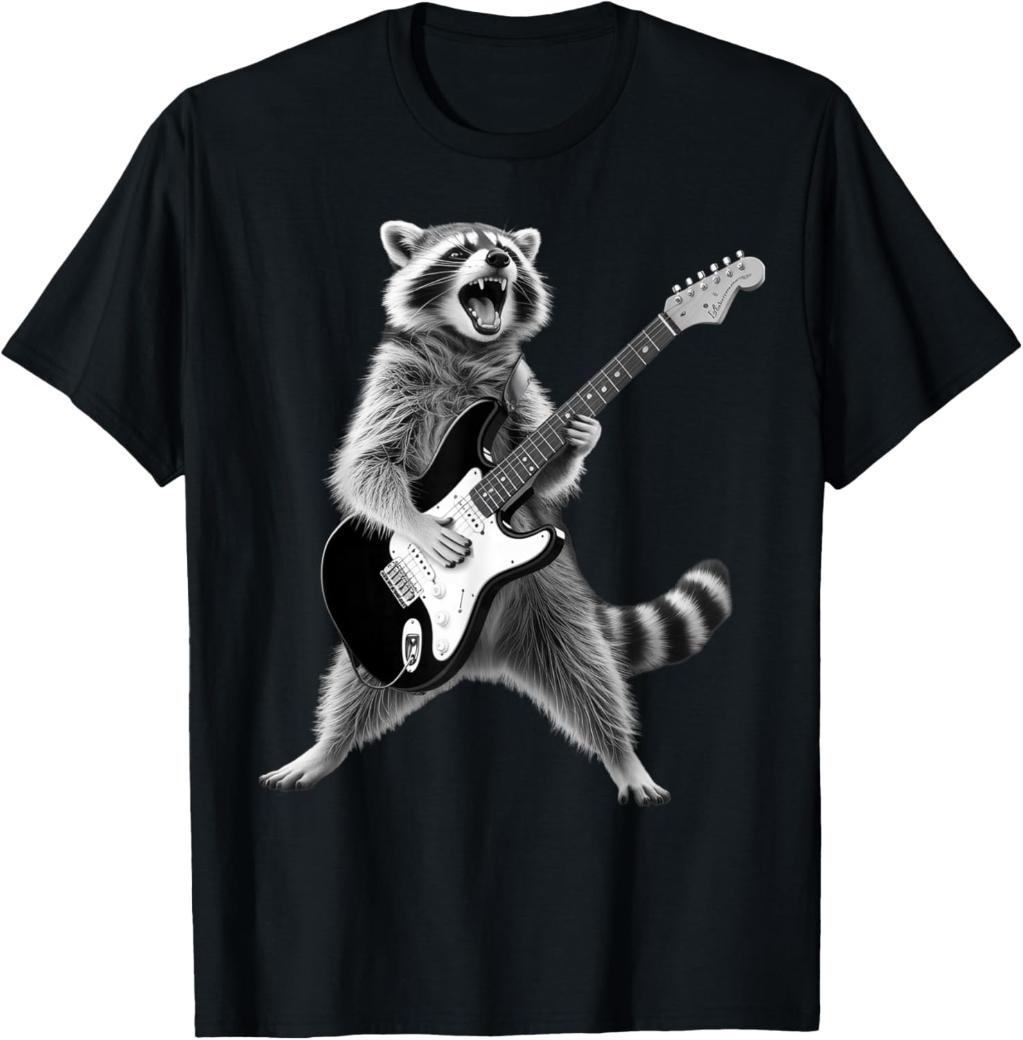 Retro Raccoon Playing Guitar Rock Music Funny Men Kids Women T-Shirt - T-Shirt | Black
