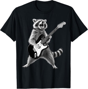 Retro Raccoon Playing Guitar Rock Music Funny Men Kids Women T-Shirt - T-Shirt | Black