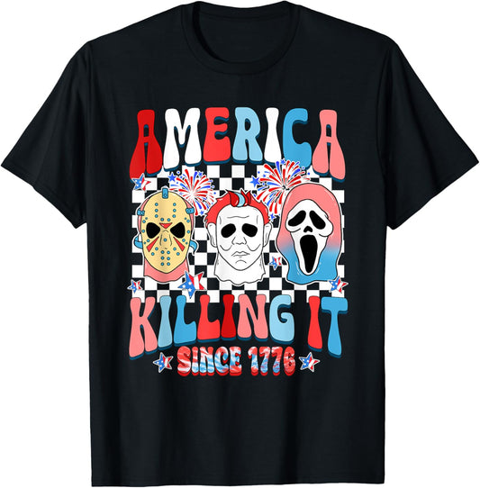 Groovy America Killing IT Since 1776 Horror 4th Of July USA T-Shirt - T-Shirt | Black
