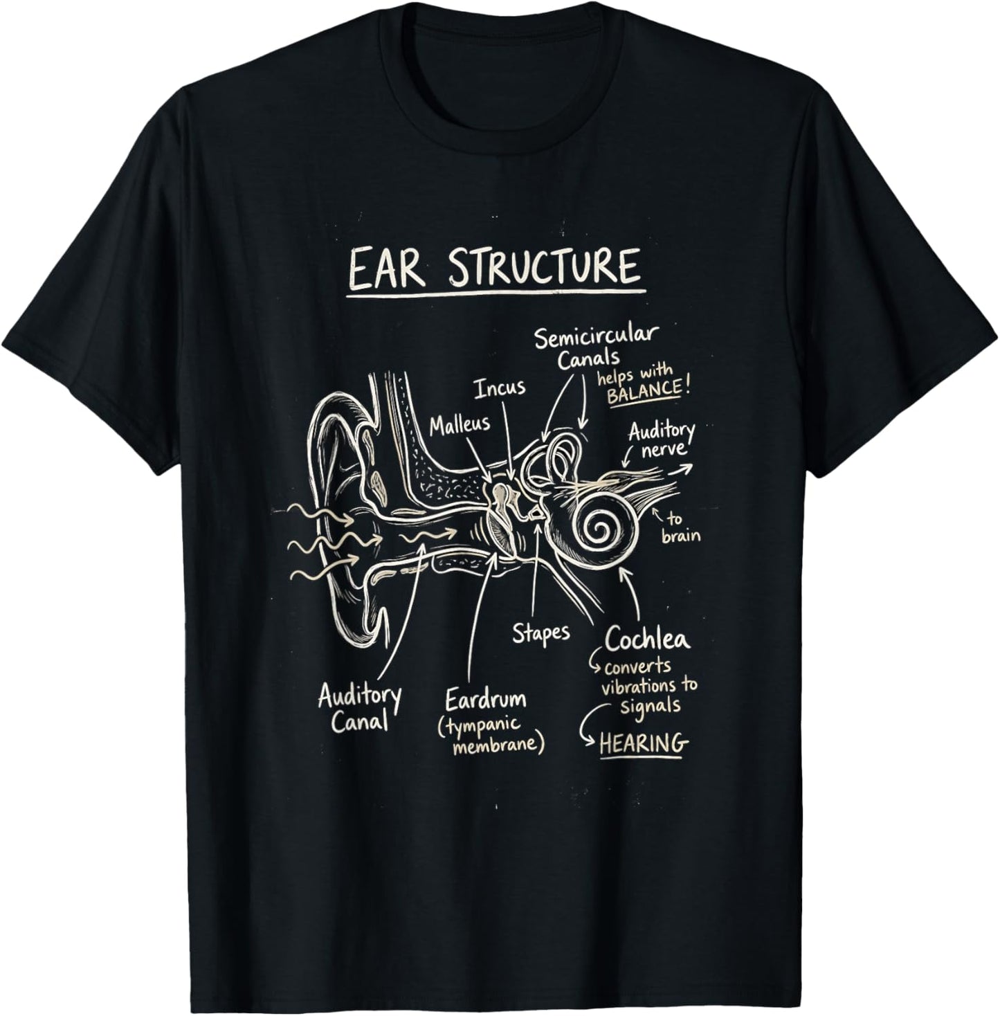 Ear Structure Anatomy Hearing Science Diagram T-Shirt - T-Shirt | Black