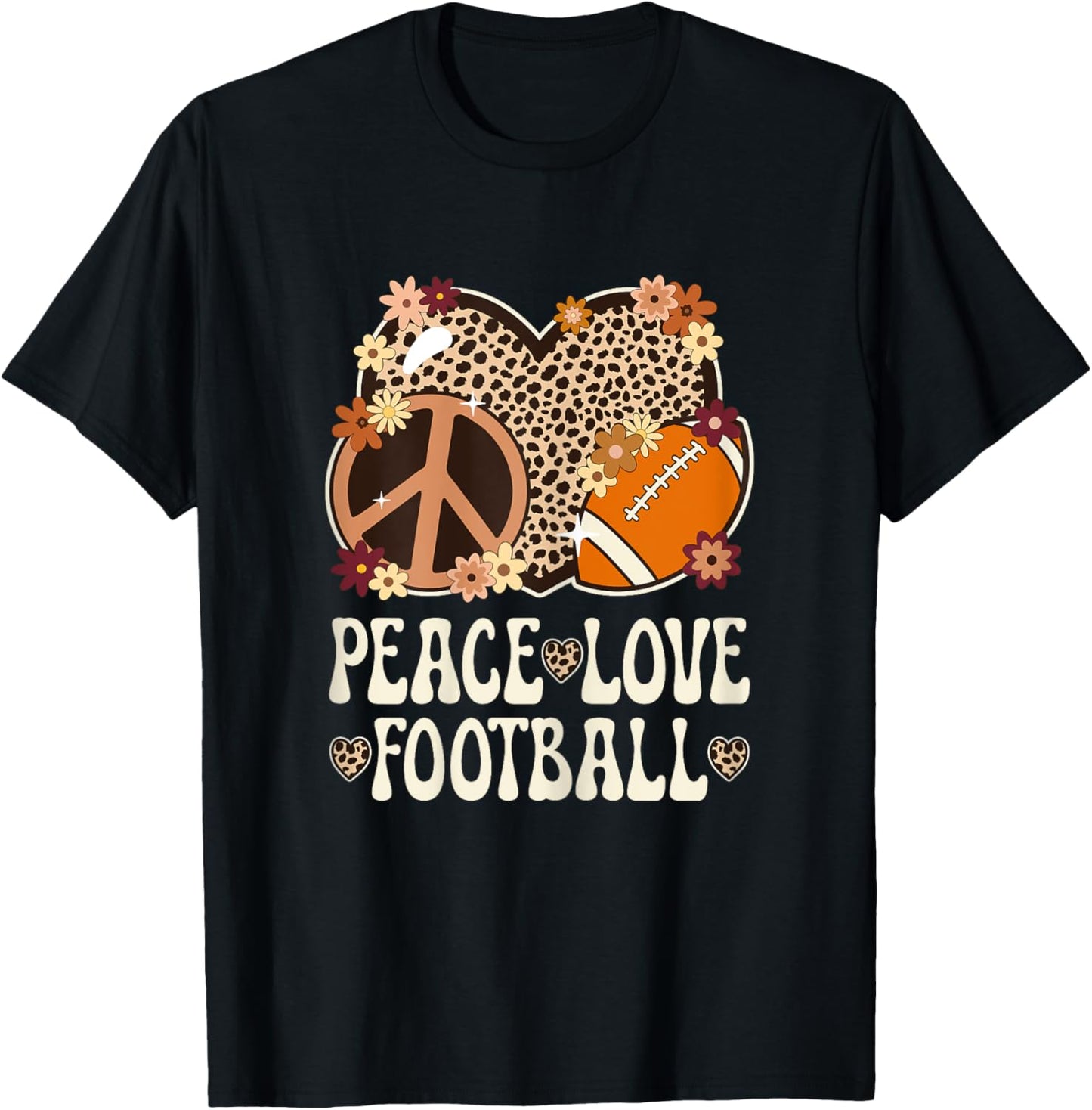 Peace Love Football Lover Outfit Cheetah Print Girl Football T-Shirt - T-Shirt | Black