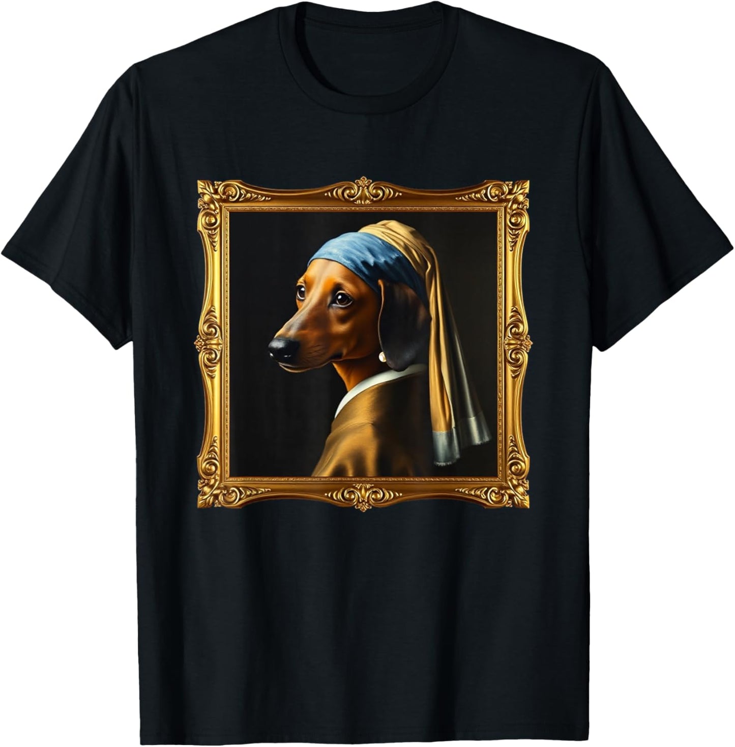 Dachshund Girl Dog with a Pearl Earring Famous Painting T-Shirt - T-Shirt | Black