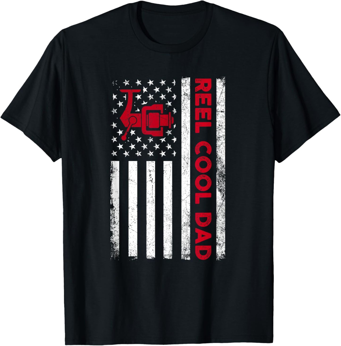 Reel Cool Dad Shirt American Flag Fly Fishing Spinning Reel Men T-Shirt - T-Shirt | Black