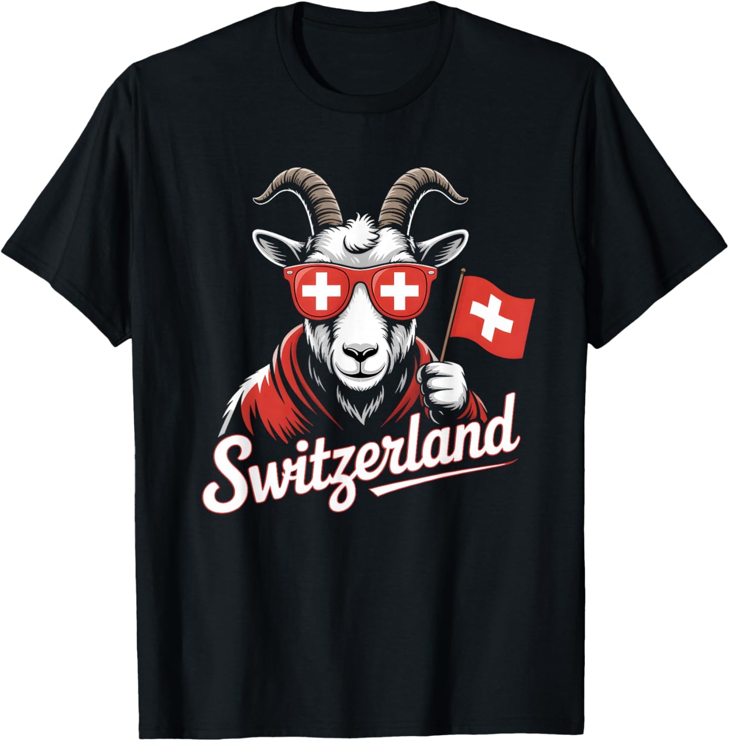 Switzerland Mountain Goat Design Funny Swiss Flag Graphic T-Shirt - T-Shirt | Black