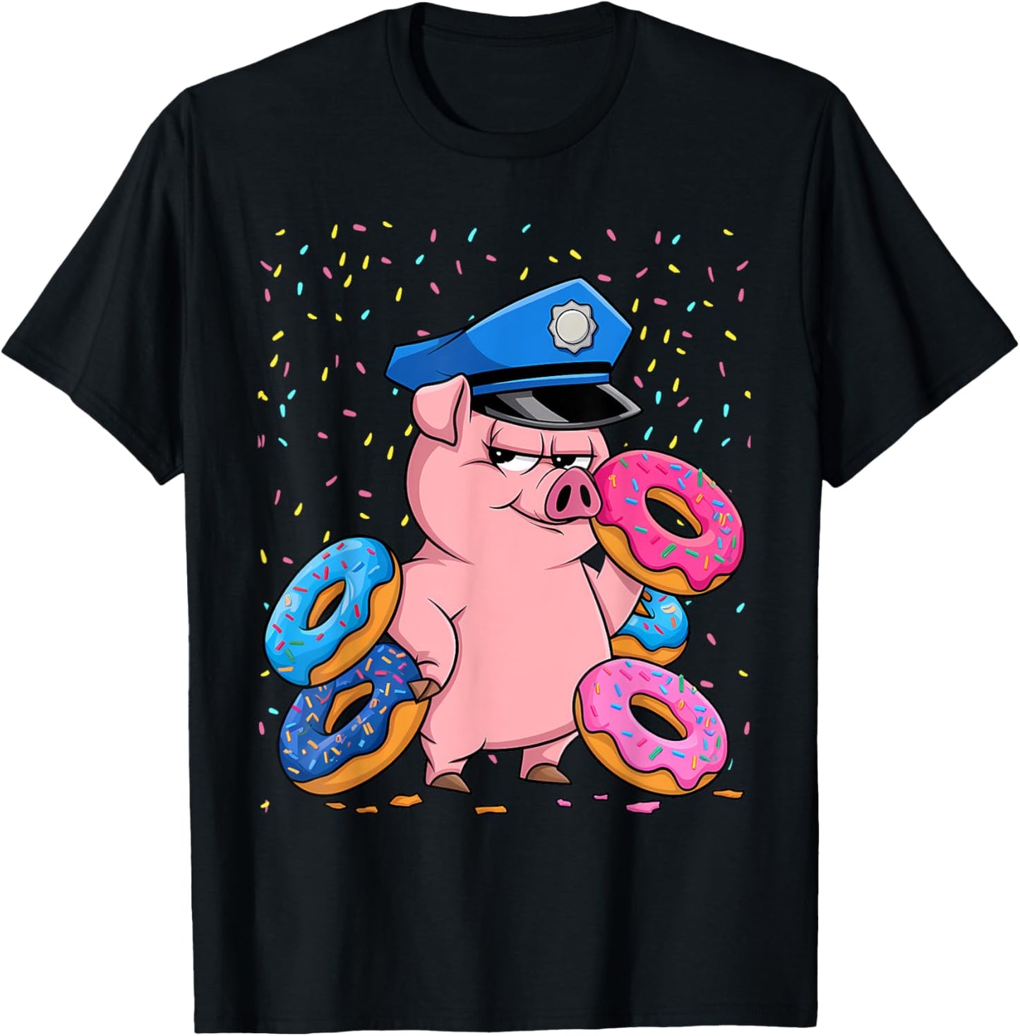 Pig Lover Gift Co. | Pig Cop Police Officer Doughnut - Black, Small, Short Sleeve T-Shirt - T-Shirt | Black
