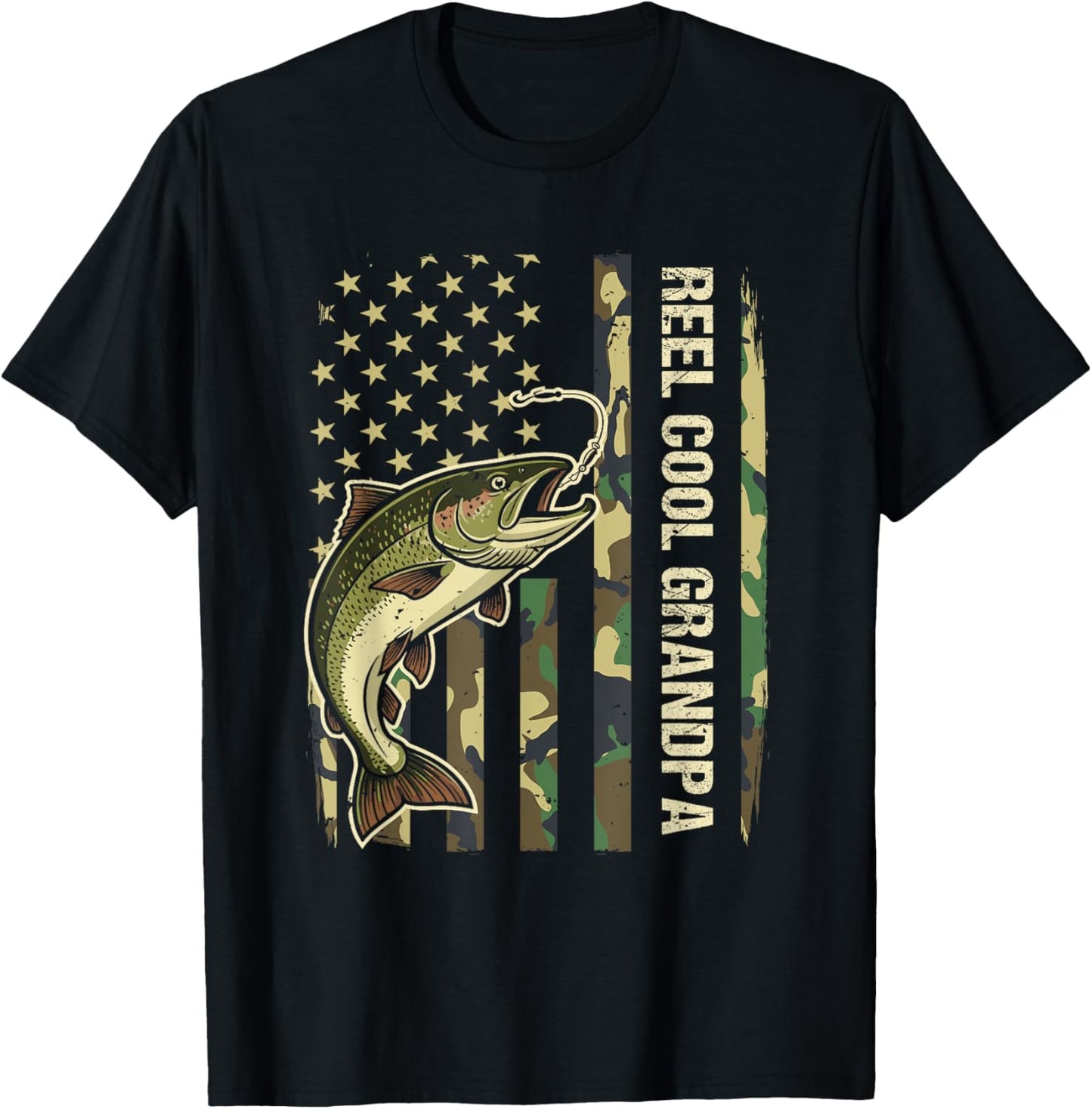 Reel Cool Grandpa Trout Fishing Camo American Flag Fisherman T-Shirt - T-Shirt | Black
