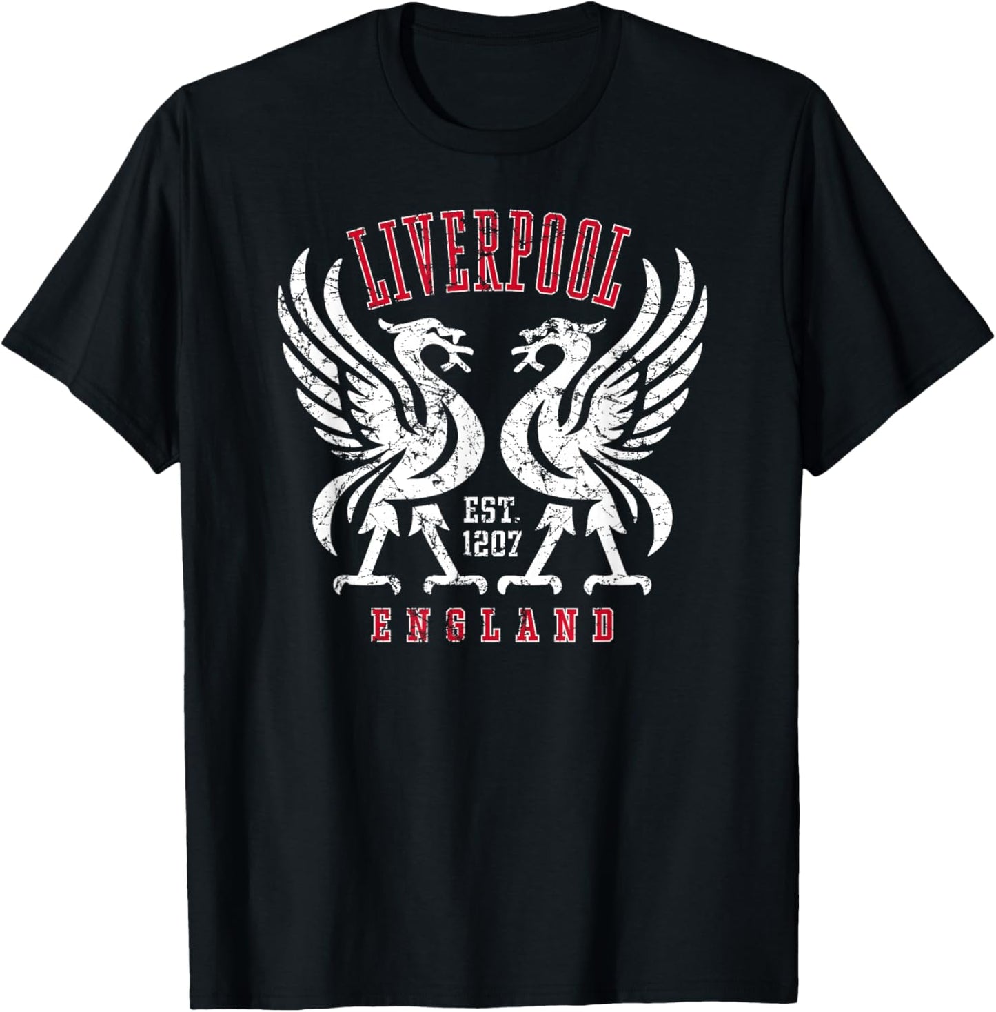 Liverpool England Est. 1207 Twin Liverbirds Distressed Print T-Shirt - T-Shirt | Black