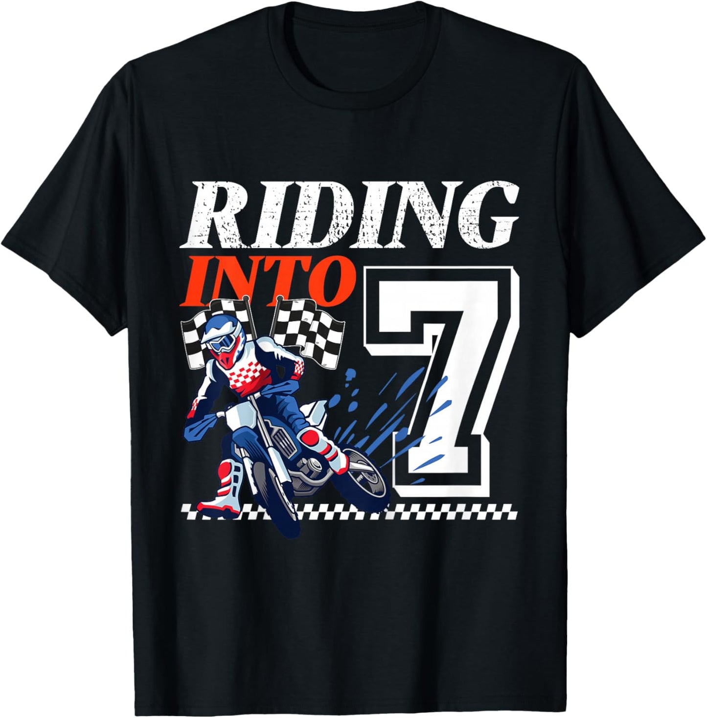 Dirt Bike Riding into 7 Years Motocross 7th Birthday Party T-Shirt - T-Shirt | Black
