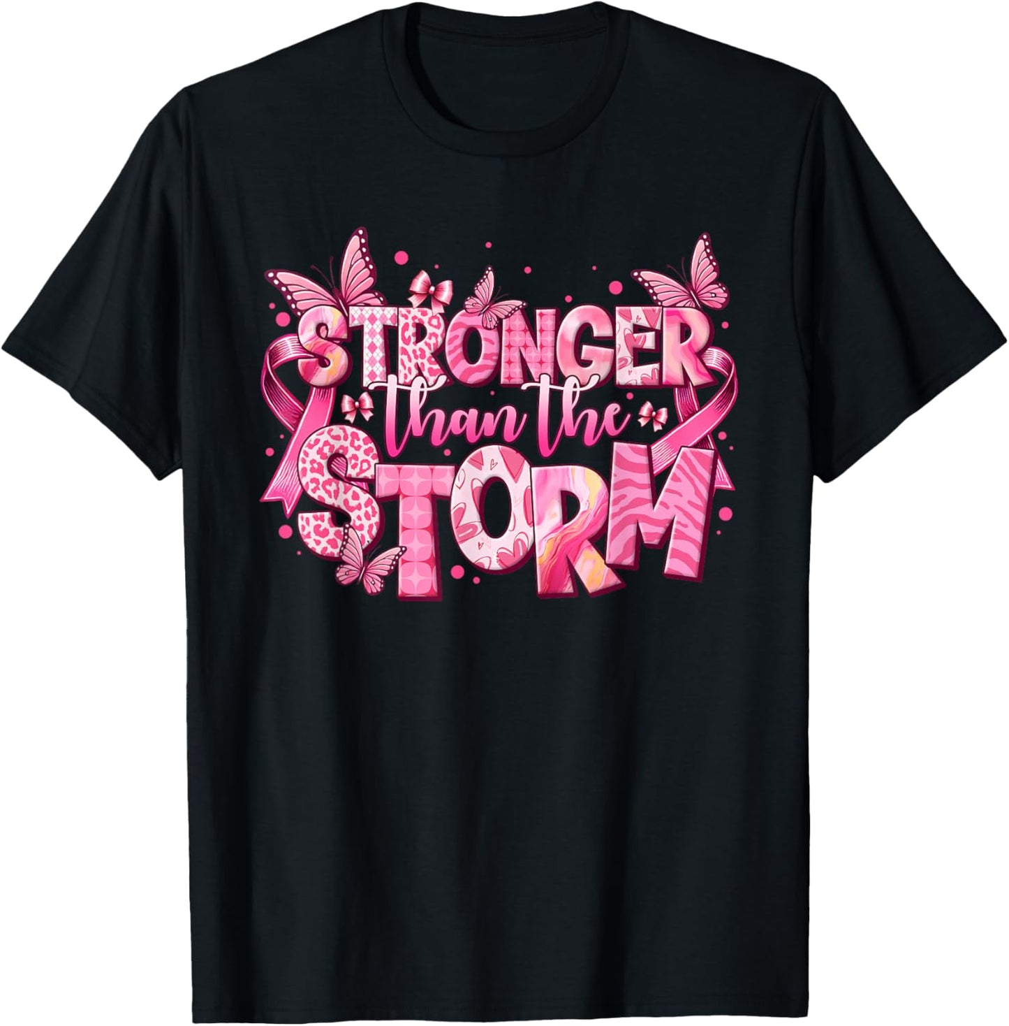 Stronger Than The Storm Pink Ribbon Breast Cancer Awareness T-Shirt - T-Shirt | Black
