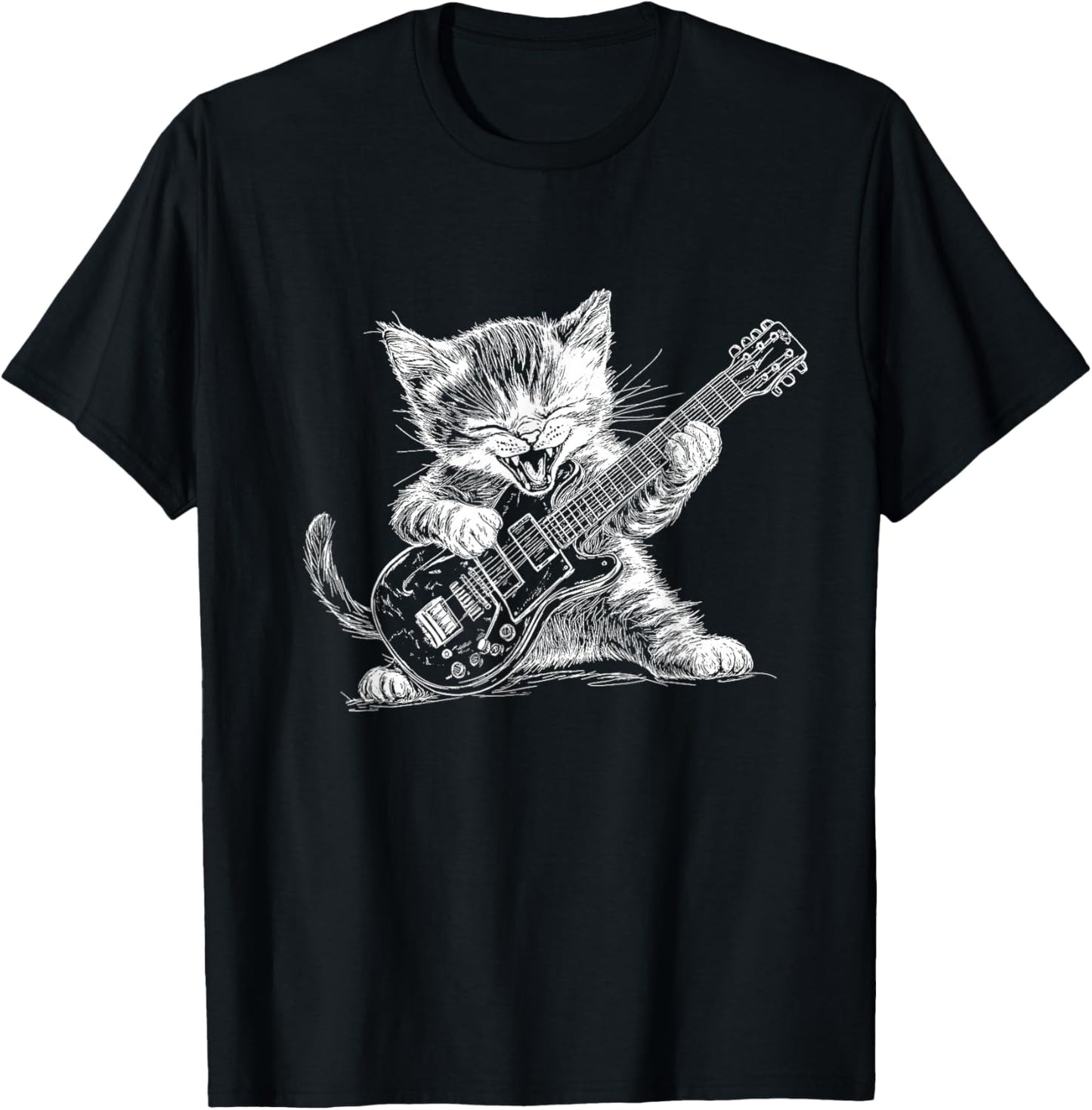 Funny Kitten Playing Guitar for Cat and Music Fans T-Shirt - T-Shirt | Black