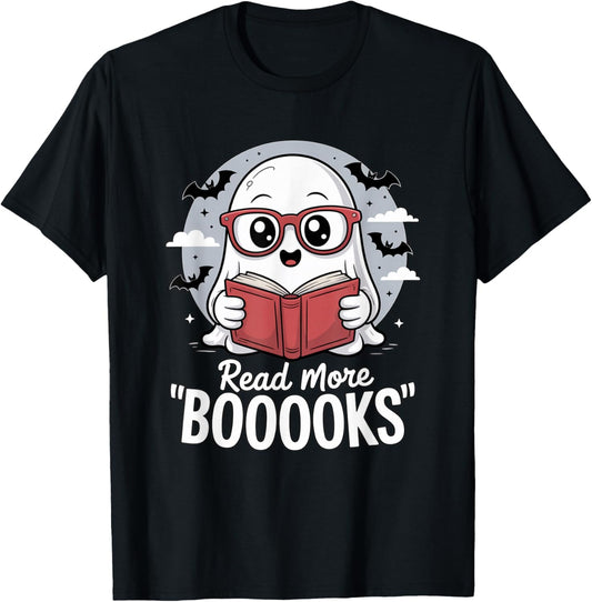 Cute Ghost Reading Pun Halloween Book Lover Design T-Shirt - T-Shirt | Black