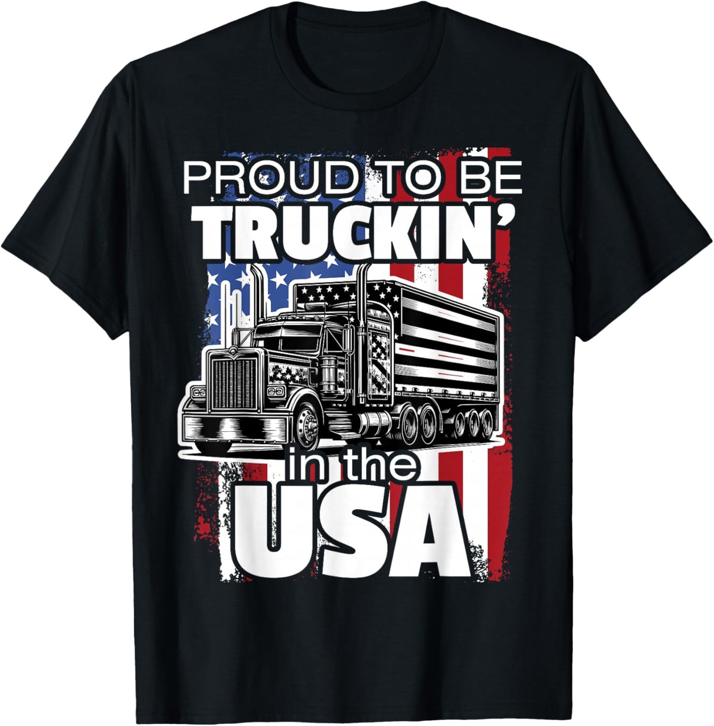 Trucker Truck Driver Patriotic US American USA Flag Semi Rig T-Shirt - T-Shirt | Black