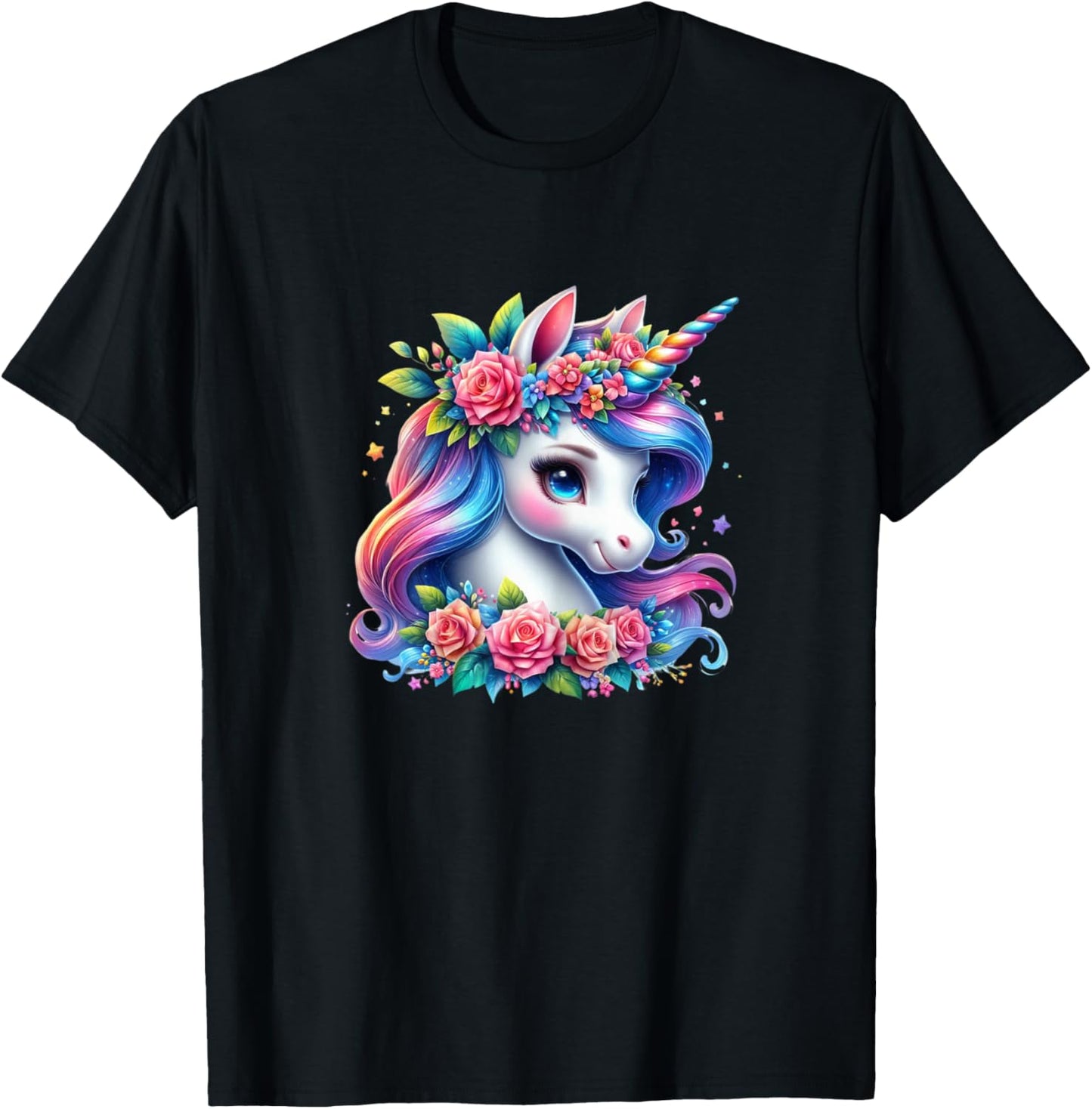Cute Unicorn with Rainbow Mane Flowers Unicorn T-Shirt - T-Shirt | Black