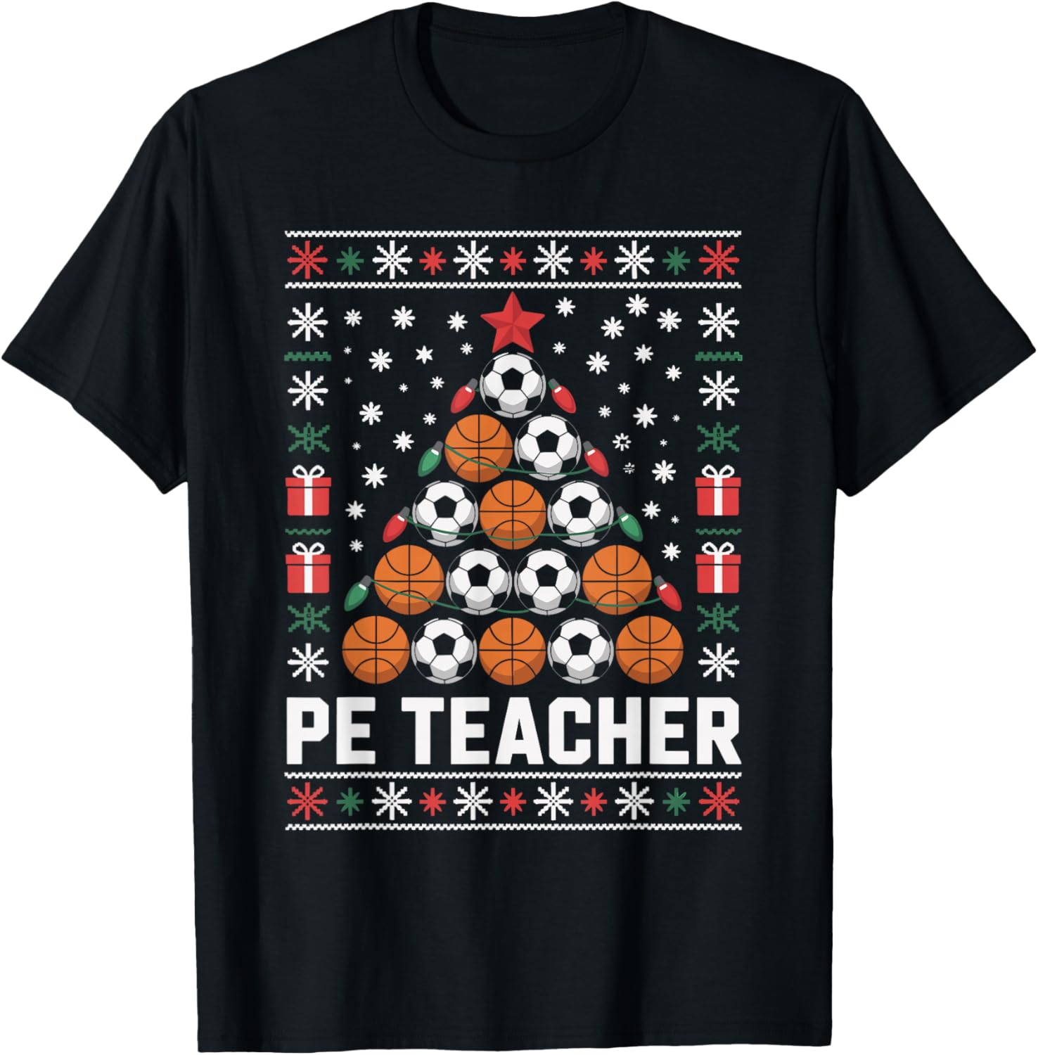 PE Teacher Christmas Tree Ugly Christmas Sweater Xmas T-Shirt - T-Shirt | Black