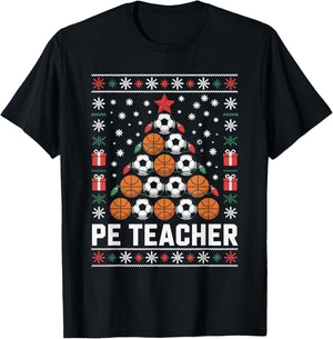PE Teacher Christmas Tree Ugly Christmas Sweater Xmas T-Shirt - T-Shirt | Black