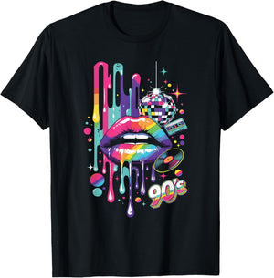 Colourful 90s Lips Retro Disco Cassette Vinyl Party T-Shirt - T-Shirt | Black